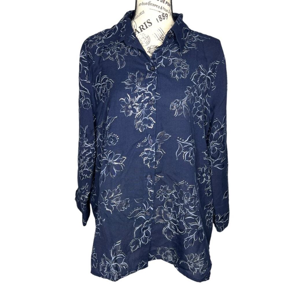 Alfred Dunner (12) Floral Semi Sheer Button Up Shirt Silver Detail Notched Cuff